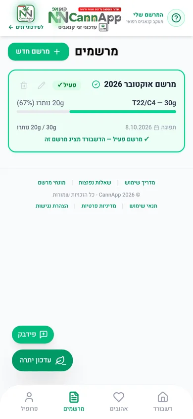 לשונית המרשמים עם מרשם אוקטובר 2026 פעיל, 20 גרם מתוך 30 שנותרו ותאריך תפוגה
